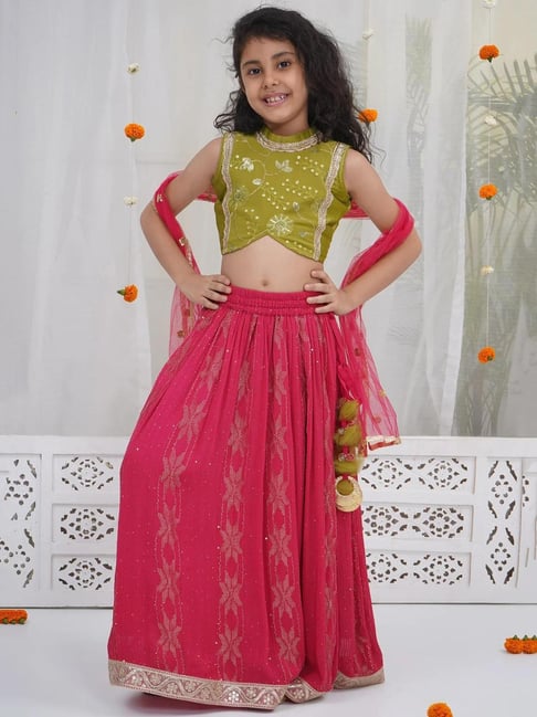 Little Bansi Girls Red Embroidered Regular Fit Lehanga Choli-picture-44