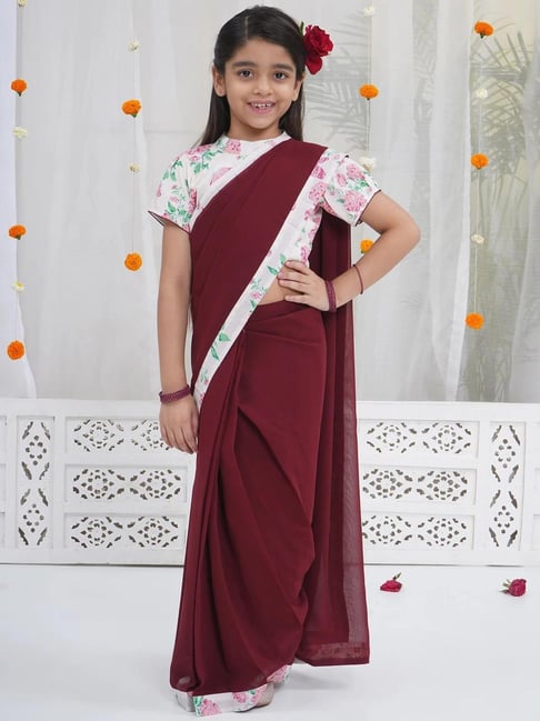 Little Bansi Girls Maroon Cotton Floral Print Saree