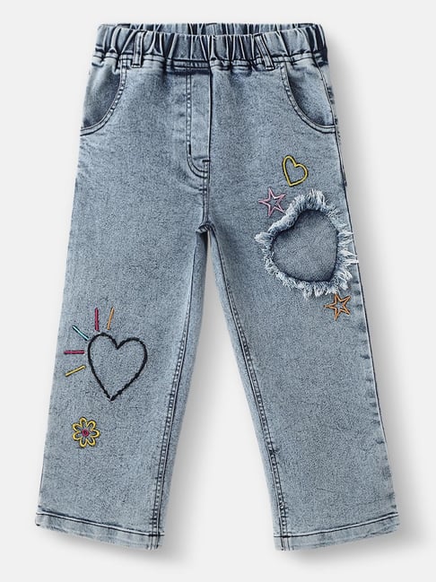 Nauti Nati Girls Blue Cotton Embroidered Regular Fit Jeans-picture-38
