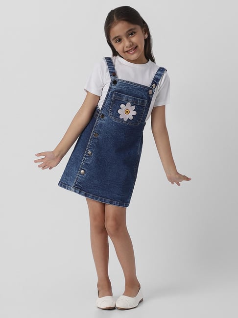 Nauti Nati Girls Blue Cotton Embroidered Regular Fit Top with Dungaree-picture-14