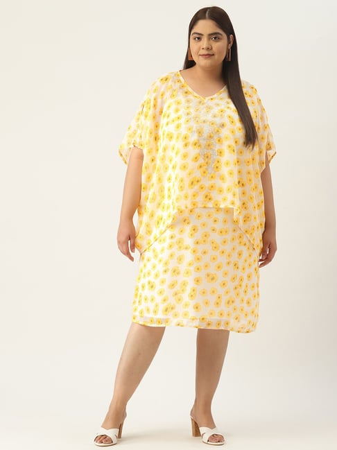 theRebelinme Plus Size Women's Yellow Georgette Embellished Dress