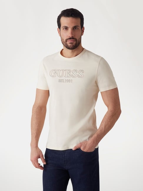 Guess Beige Printed Slim Fit T-Shirt