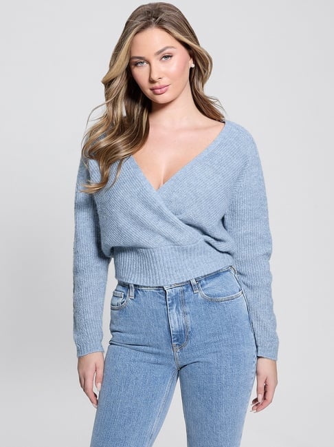 Guess Blue Solid Regular Fit Sweater