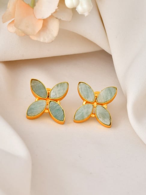 VOJ 18K Gold Plated Teal Stone Studded Floral Stud Earrings-picture-33
