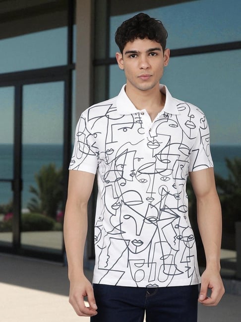 Kryptic White Cotton Regular Fit Abstract Polo T-Shirt-picture-17
