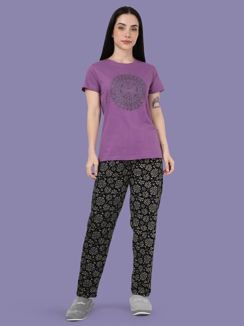 Kryptic Black & Purple Relaxed Fit Printed Night Suit