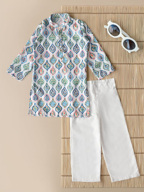 Bella Moda Boys Blue Cotton Printed Kurta & Pajamas Set-image-24