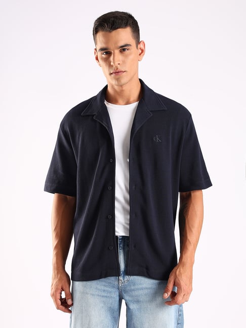 Calvin Klein Jeans Navy Cotton Comfort Fit Self Pattern Shirt-picture-26