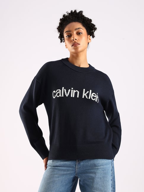 Calvin Klein Jeans Navy Cotton Regular Fit Logo Print Sweater-picture-12