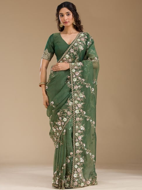 Koskii Bottle Green Sequins Tissue Saree with Unstitched Blouse-picture-22