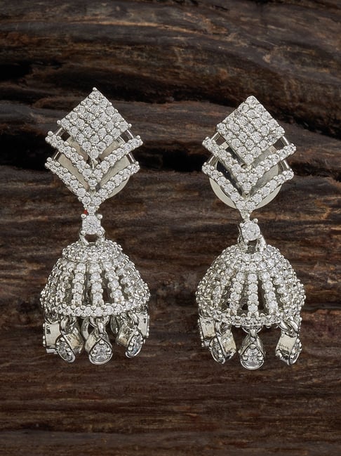 Kushal's Fashion Jewellery White CZ-Jewellery Rodium Polished Zircon Jhumki Earrings-picture-23