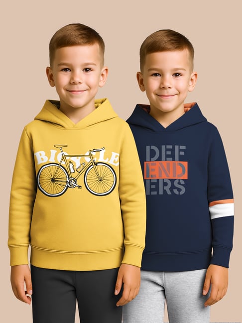 Hellcat Yellow and Navy Blue Regular Fit Printed Sweatshirt - Pack of 2