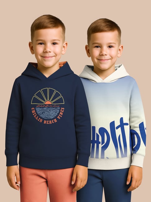 Hellcat Beige and Navy Blue Regular Fit Printed Sweatshirt - Pack of 2