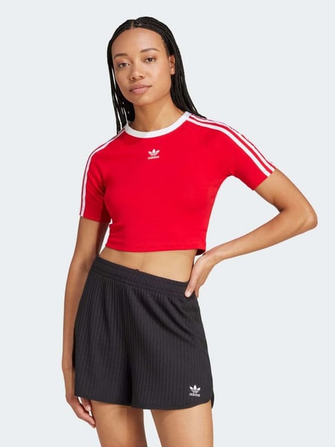 Adidas Originals Red Cotton Slim Fit Striped T-Shirt