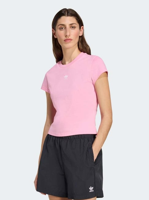 Adidas Originals Pink Cotton Slim Fit Logo Printed T-Shirt