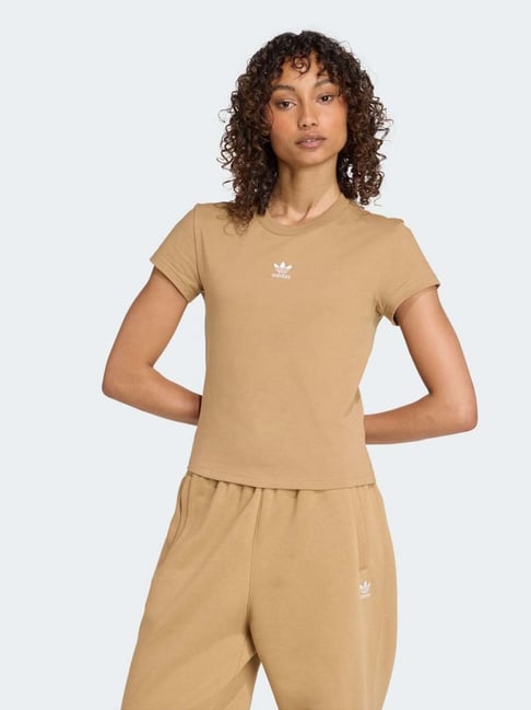 Adidas Originals Brown Cotton Slim Fit Logo Printed T-Shirt