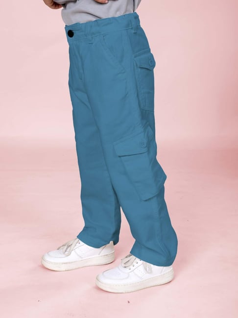 Kiddopanti Boys Teal Blue Cotton Regular Fit Cargo Pants