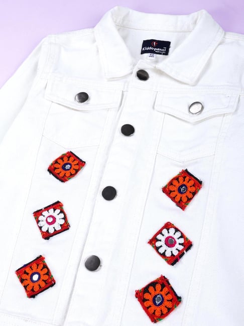 Kiddopanti Kids White Denim Lace Regular Fit Denim Jacket