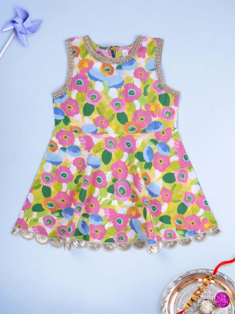 Kiddopanti Girls Multicolor Cotton Printed Regular Fit Kurta