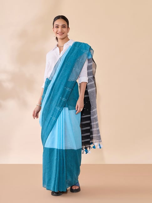 Taneira Blue Colourblocked Saree With Unstitched Blouse-picture-47