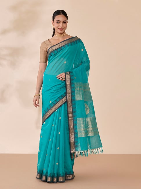 Taneira Light Blue Woven Design Saree With Unstitched Blouse-picture-48