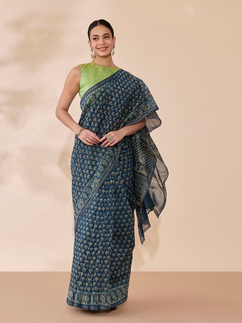 Taneira Blue Printed Saree With Unstitched Blouse-picture-35