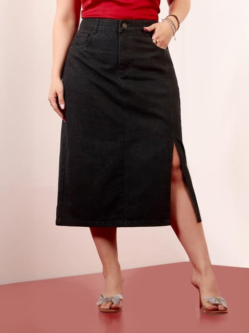 Miss Chase A+ Black Denim Solid High Rise Skirt-picture-45