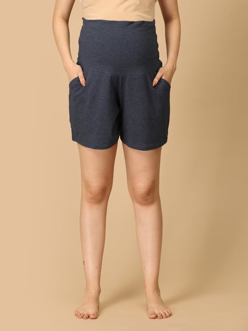 The Mom Store Navy Blue Cotton Solid Shorts