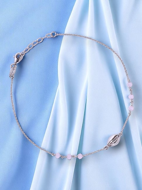 Taraash 925 Sterling Silver Sea Shell Baby Pink Beaded Single Chain Anklets for Women-picture-28