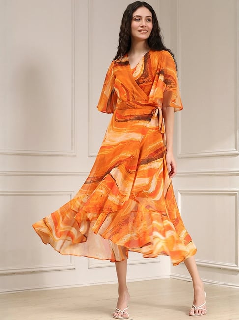 biba orange dress Biba Orange Flared Fit Printed Dress With Inner