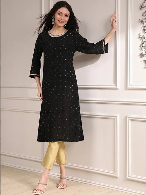 Biba Black Straight Fit Printed Kurta With Inner-picture-40
