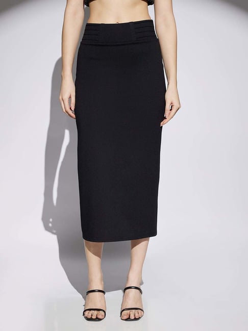 Globus Women Black Mid Rise Back Slit Stretchable Pencil Midi Skirt-picture-32
