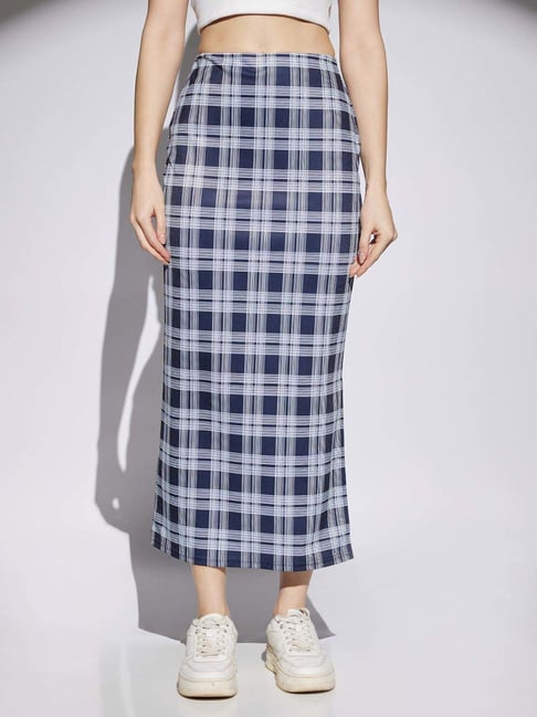 Globus Women Navy & White Checks Print Mid Rise Side Slit Pencil Midi Skirt-picture-33