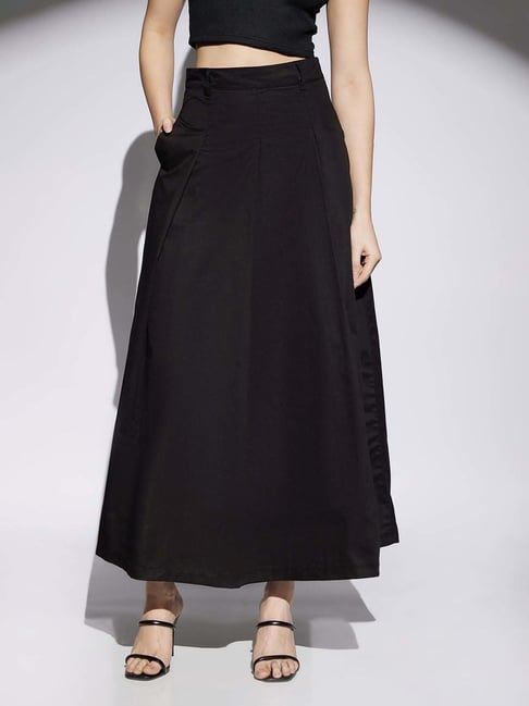 Globus Women Black High Rise Pleated Flared Maxi Skirt with Belt Loops-picture-40