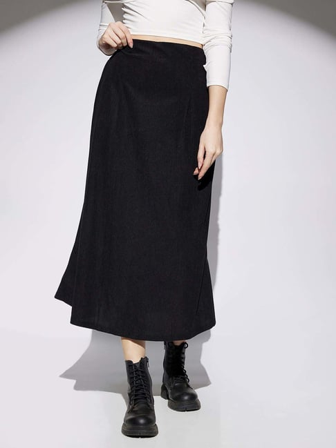 Globus Women Black Self Design Mid Rise Flared A-Line Midi Skirt-picture-29