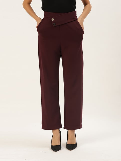 Zastraa Burgundy Polyester Solid Trousers-picture-29