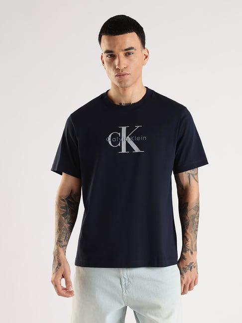 Calvin Klein Jeans Navy Cotton Comfort Fit Logo Printed T-Shirt-picture-38