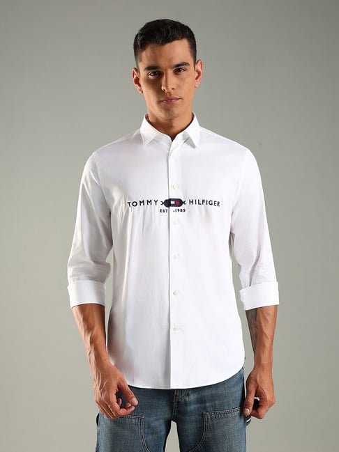 Tommy Hilfiger White Cotton Regular Fit Logo Printed Shirt