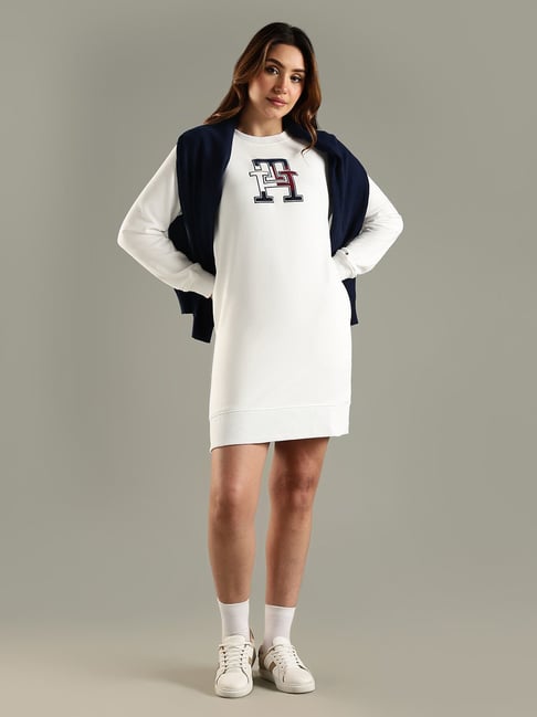 Tommy Hilfiger White Cotton Relaxed Fit Logo Printed Dress