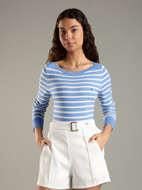 Tommy Hilfiger Blue Cotton Regular Fit Striped Sweater-picture-48