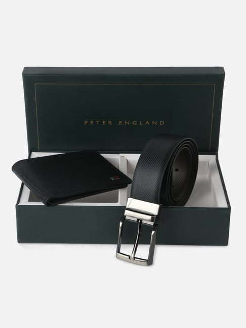 Peter England Black Textured Extra Large Leather Bi-Fold Wallet & Belt Gift Set