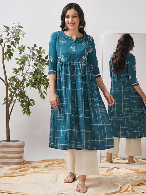 Kami Kubi Teal Cotton Checked Kurti-picture-48
