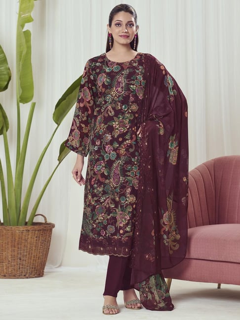 Stylee LIFESTYLE Maroon Georgette Embroidered Unstitched Dress Material