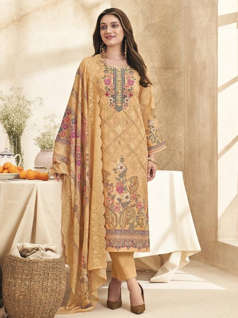 Stylee LIFESTYLE Peach Cotton Embroidered Unstitched Dress Material