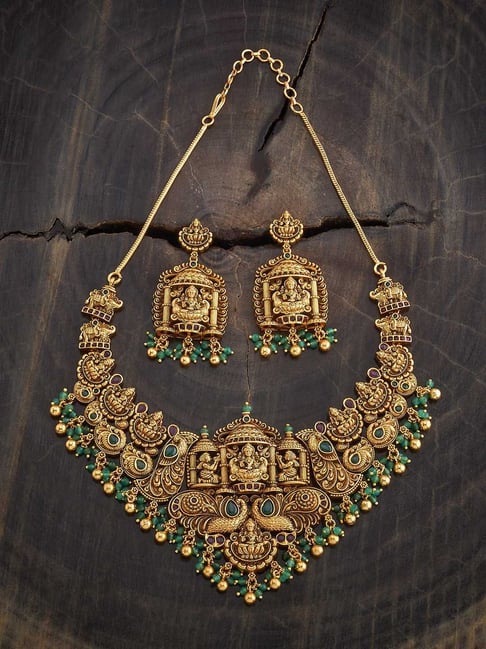 Kushal's Fashion Jewellery Pink & Green Golden Set for Women-picture-17