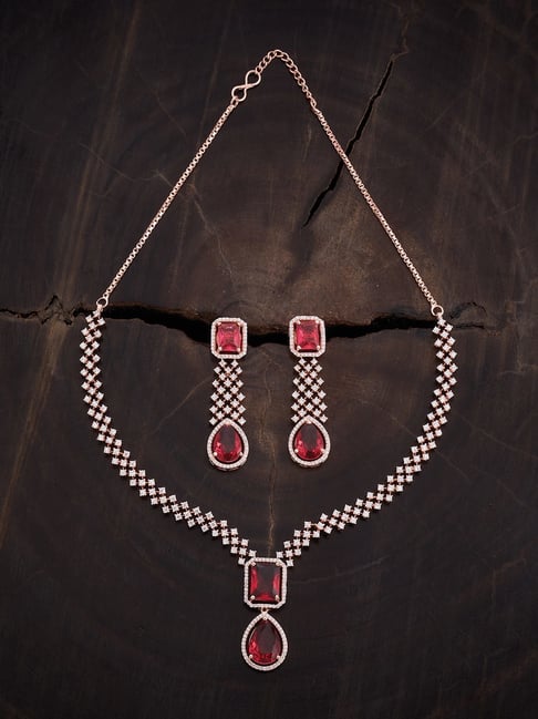 Kushal's Fashion Jewellery Pink Rose Gold Tone Plated Set for Women-picture-35