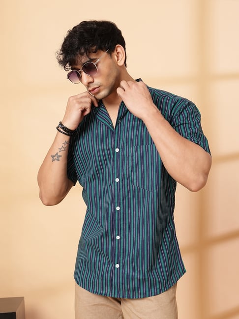 Rigo Blue Cotton Regular Fit Striped Shirts