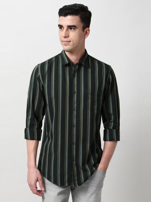 Peter England Green Cotton Slim Fit Striped Shirt-picture-24