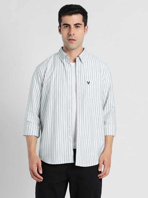 American Eagle White Cotton Slim Fit Striped Shirt-picture-39