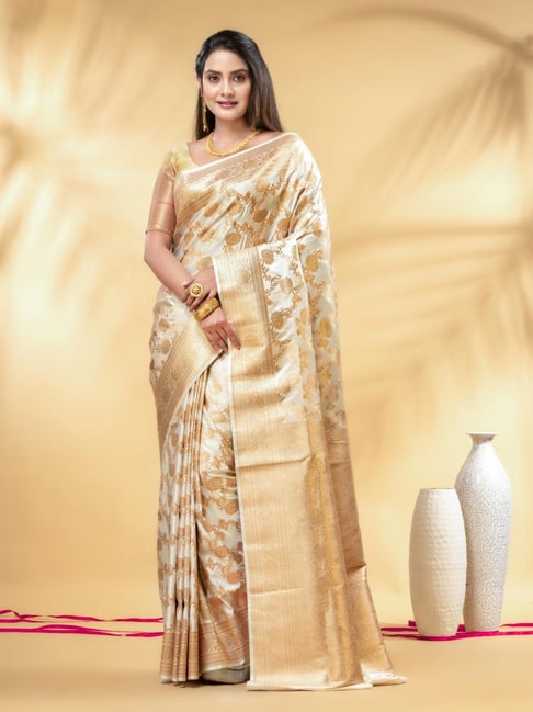 Charukriti White Golden Silk Embellished Saree With Unstitched Blouse